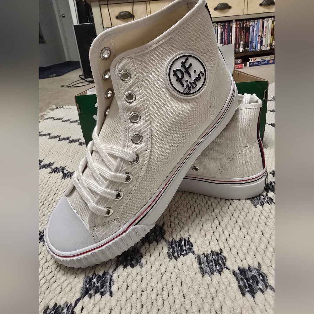 P.F. Flyers Cream Canvas High-Top Sneakers with Red & Blue Stripe